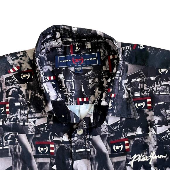 Vintage PHAT FARM Men's Kimora Lee Simmons Allover Print Shirt Black Size 2XL - Picture 3 of 15